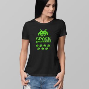 Space Invaders. War. Polera Negra Mujer